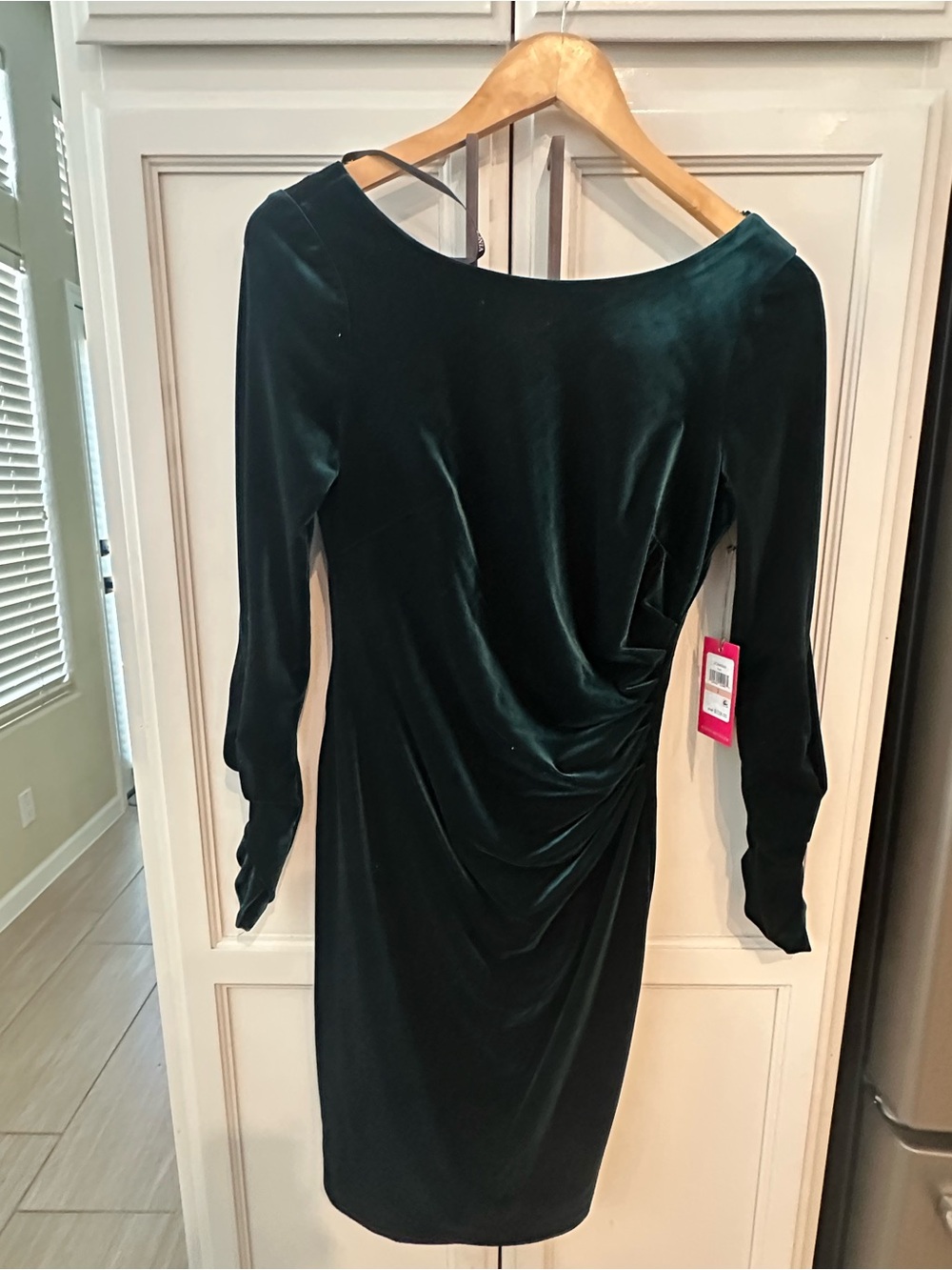 NWT Women’s Dark Green Velvet Ruched Long-Sleeve Dress ( Size 2 )